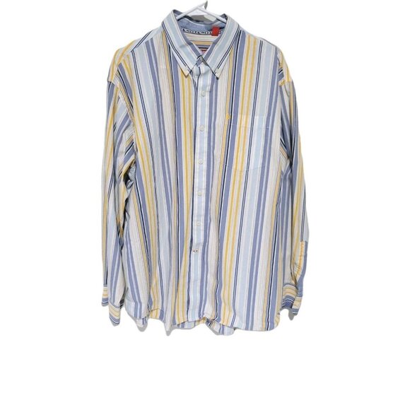 Izod Button Down Shirt XL Mens Long Sleeve Blue Yellow Striped - Picture 2 of 6